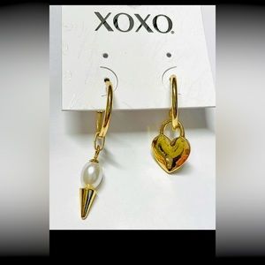 Heart & Pearl Earrings gold tone lock heart faux pearl asymmetrical earrings